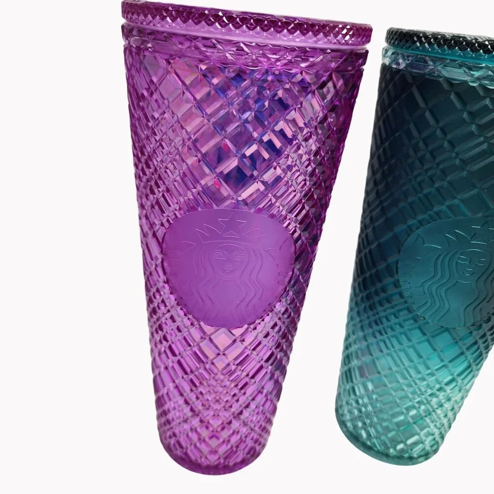 Two Starbucks Venti 24 Oz Jeweled Tumblers Purple Pink Taffy and Green Ombre
